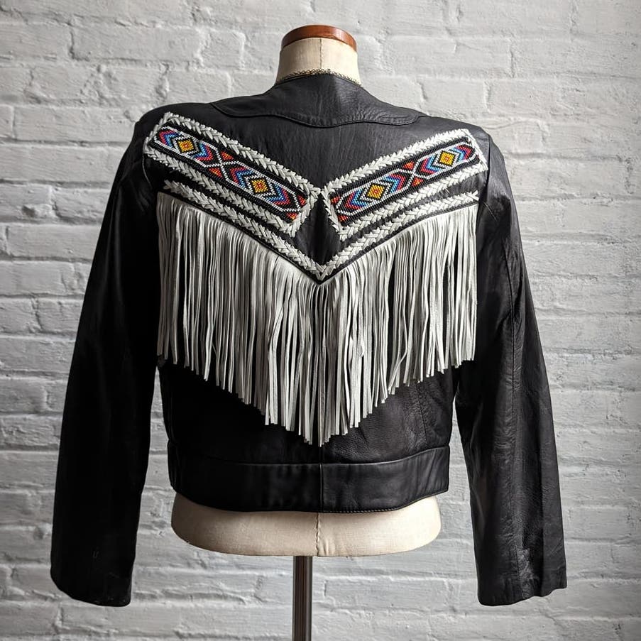 Vintage Black Leather Fringe Biker Jacket Cropped Two Tone Western Moto Shacket