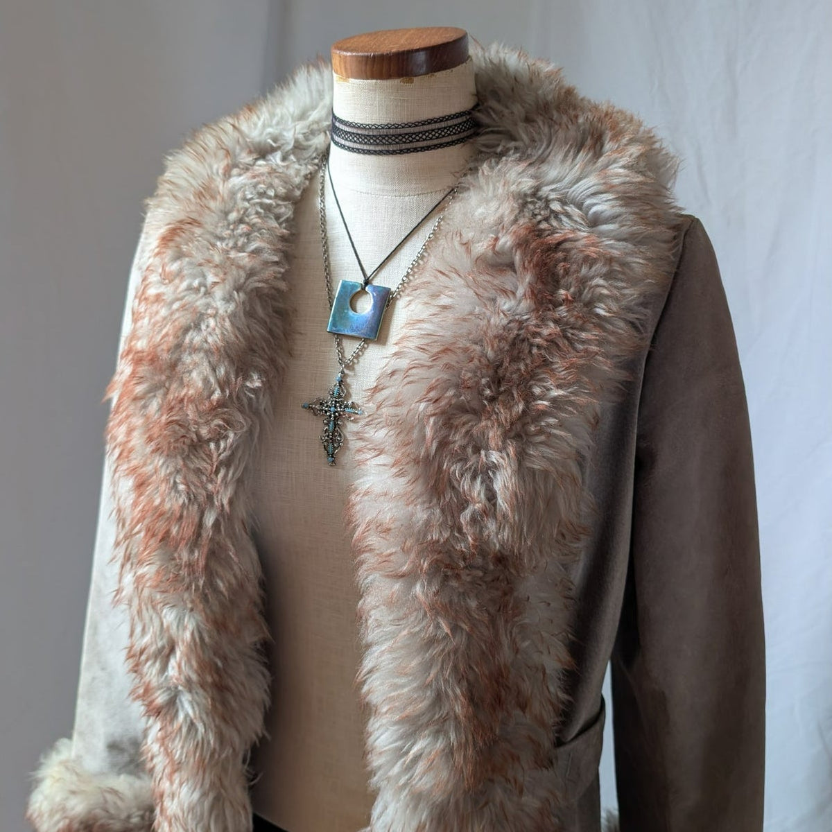 Vintage Suede Penny Lane Fur Trim Jacket M Tan Shearling 70s Leather Trench Coat
