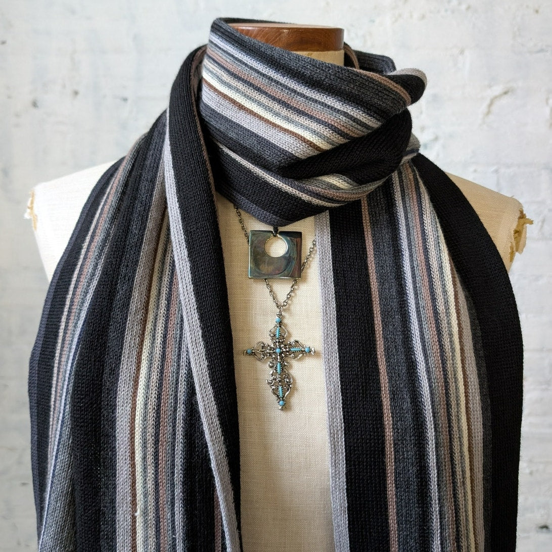 Vintage Blue Knit Wool Striped Scarf Preppy Retro Minimalist Knit Fringe Wrap