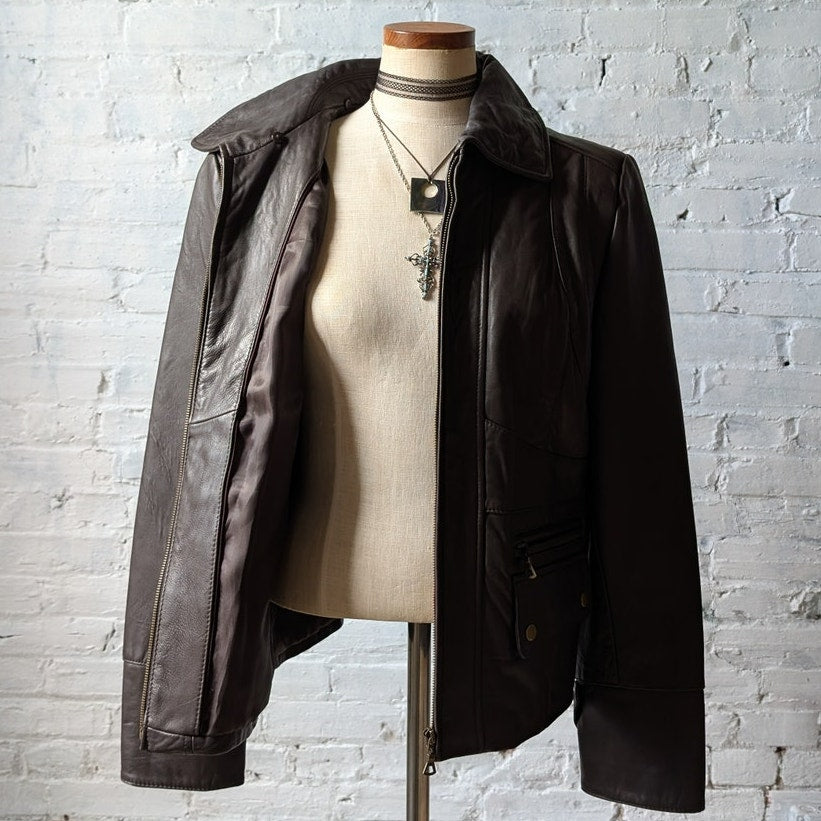 Vintage Brown Leather Jacket Y2K Sexy Lambskin Moto Chic Biker Bomber Coat Large