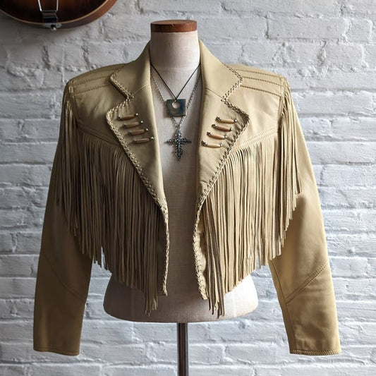 90s Vintage Neutral Leather Fringe Biker Jacket Cropped Tan Western Moto Shacket