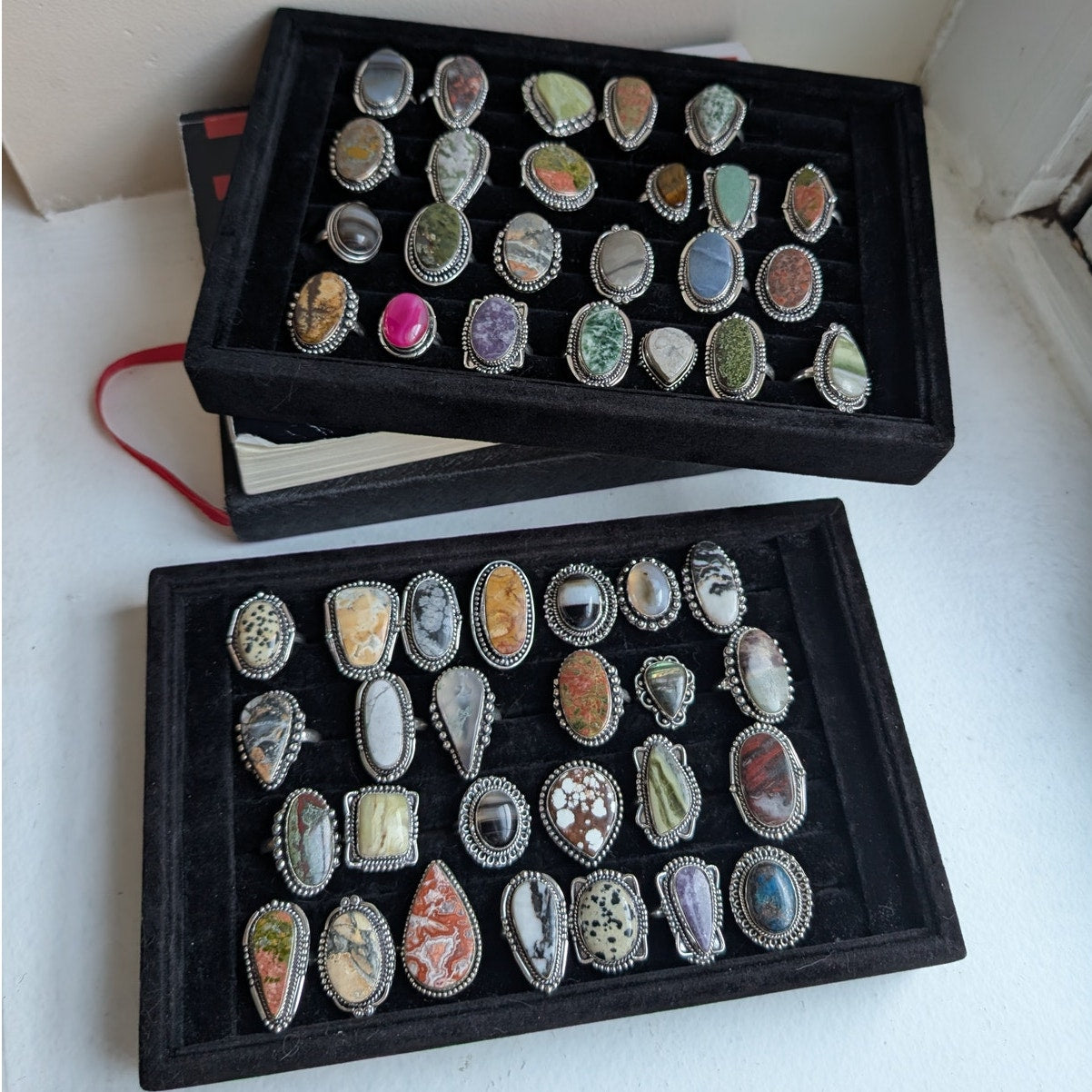 Boho Cowgirl Square Sterling Silver Ring Retro Vintage style Natural Stone Size9