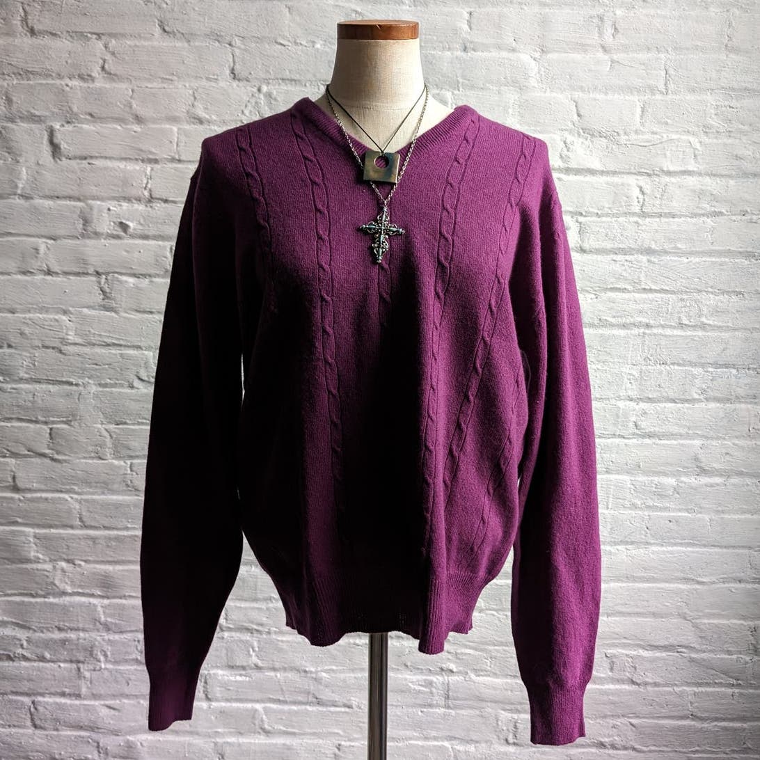 Vintage Wool Cable Knit Purple Grandpa Sweater Minimalist Grunge Woodsy Top