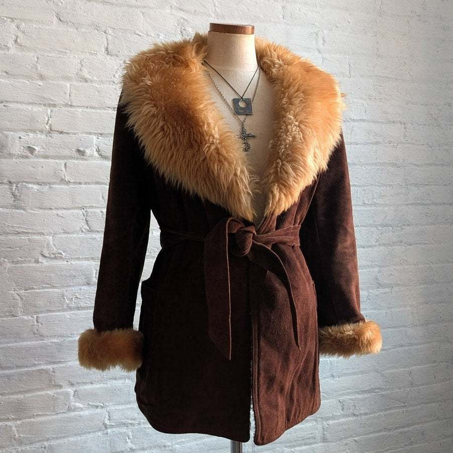 Vintage Brown Suede Penny Lane Coat Faux Fur Furry Afghan Leather Groovy Jacket