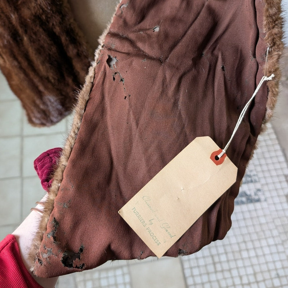 Vintage Brown Mink Fur Stole Scarf Mob Wife Shawl Genuine Furry Boho Chic Shrug