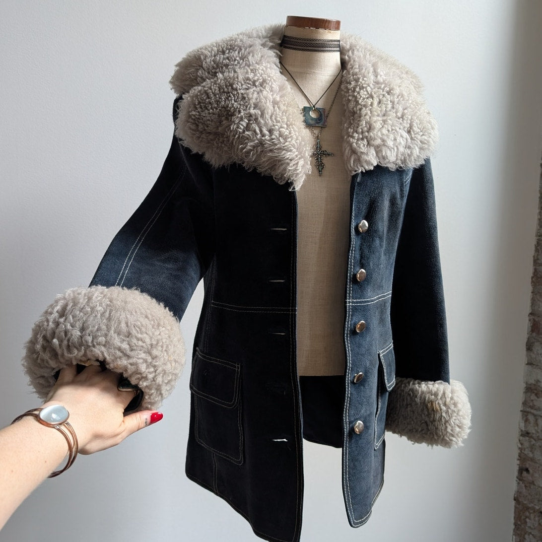 70s Vintage Blue Suede Penny Lane Fur Coat Leather Jacket Trench Boho Medium