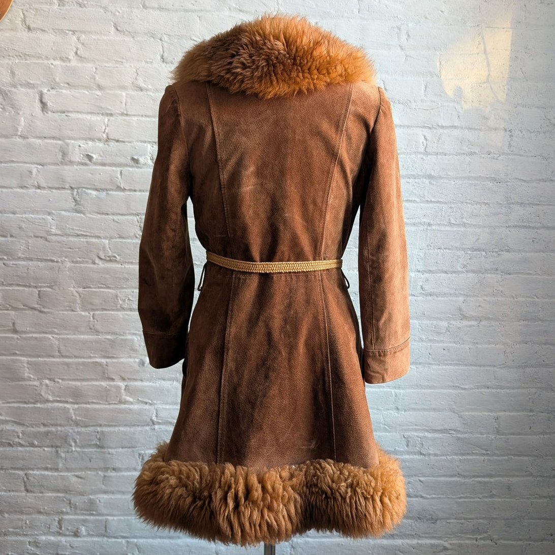 Vintage Brown Suede Penny Lane Jacket Fur Furry Leather Groovy Mod Trench Coat