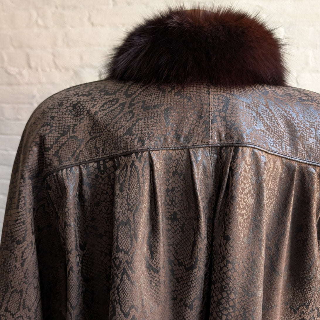 Vintage Black Leather Snakeskin Trench Coat Minimalist Penny Lane Fox Fur Jacket