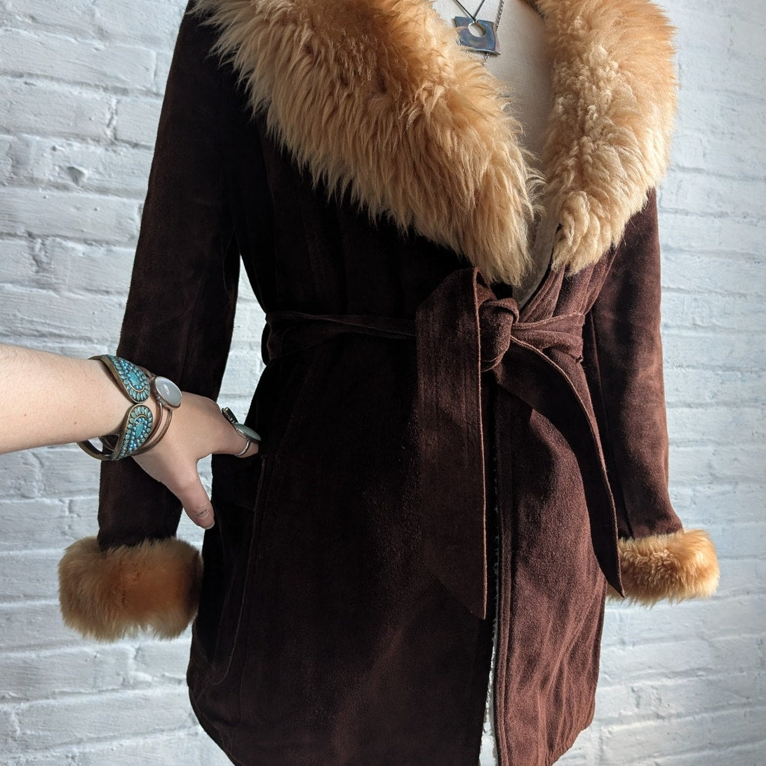 Vintage Brown Suede Penny Lane Coat Faux Fur Furry Afghan Leather Groovy Jacket