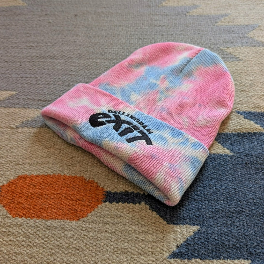 Tie Dye Beanie Pink Blue Cotton Knit Festival Hat Embroidered Exit Bellingham