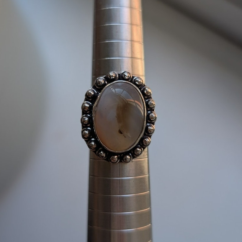 Milky Pearl Sterling Silver Ring Retro Vintage Boho Natural Stone Size 7.75