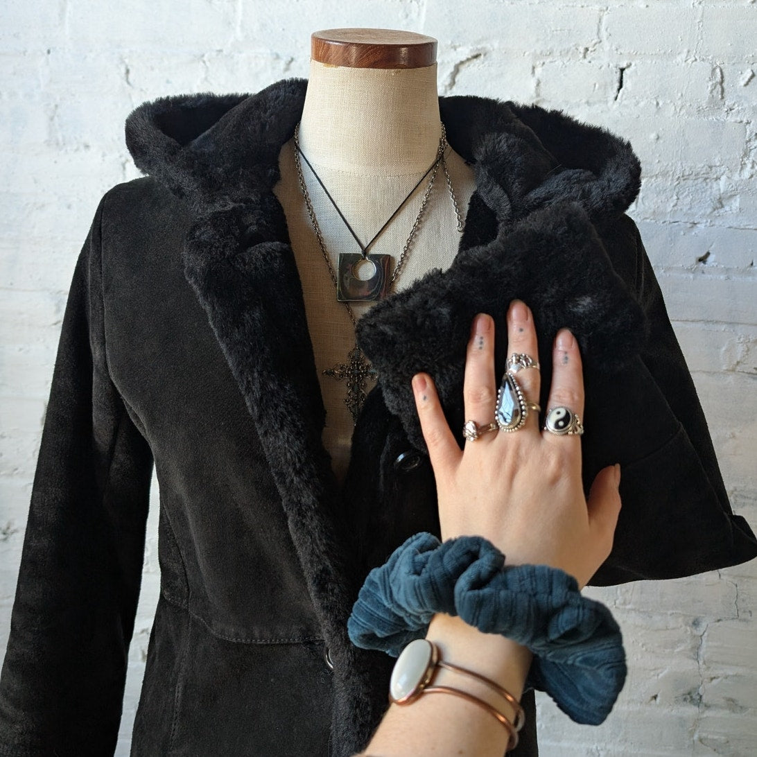 Vintage Black Suede Leather Penny Lane Coat Faux Fur Trench Minimalist Jacket