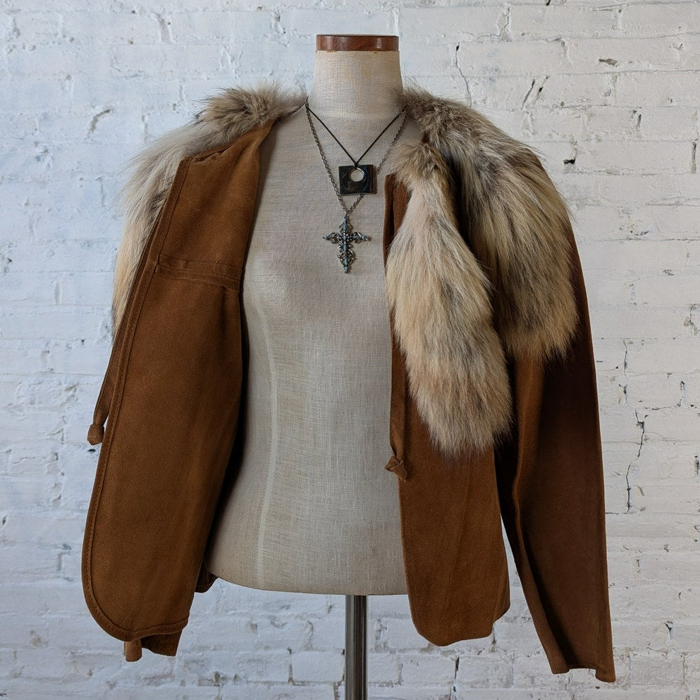 Vintage Brown Leather Jacket Fur Festival Jacket Foxtail Furry Boho Suede Medium