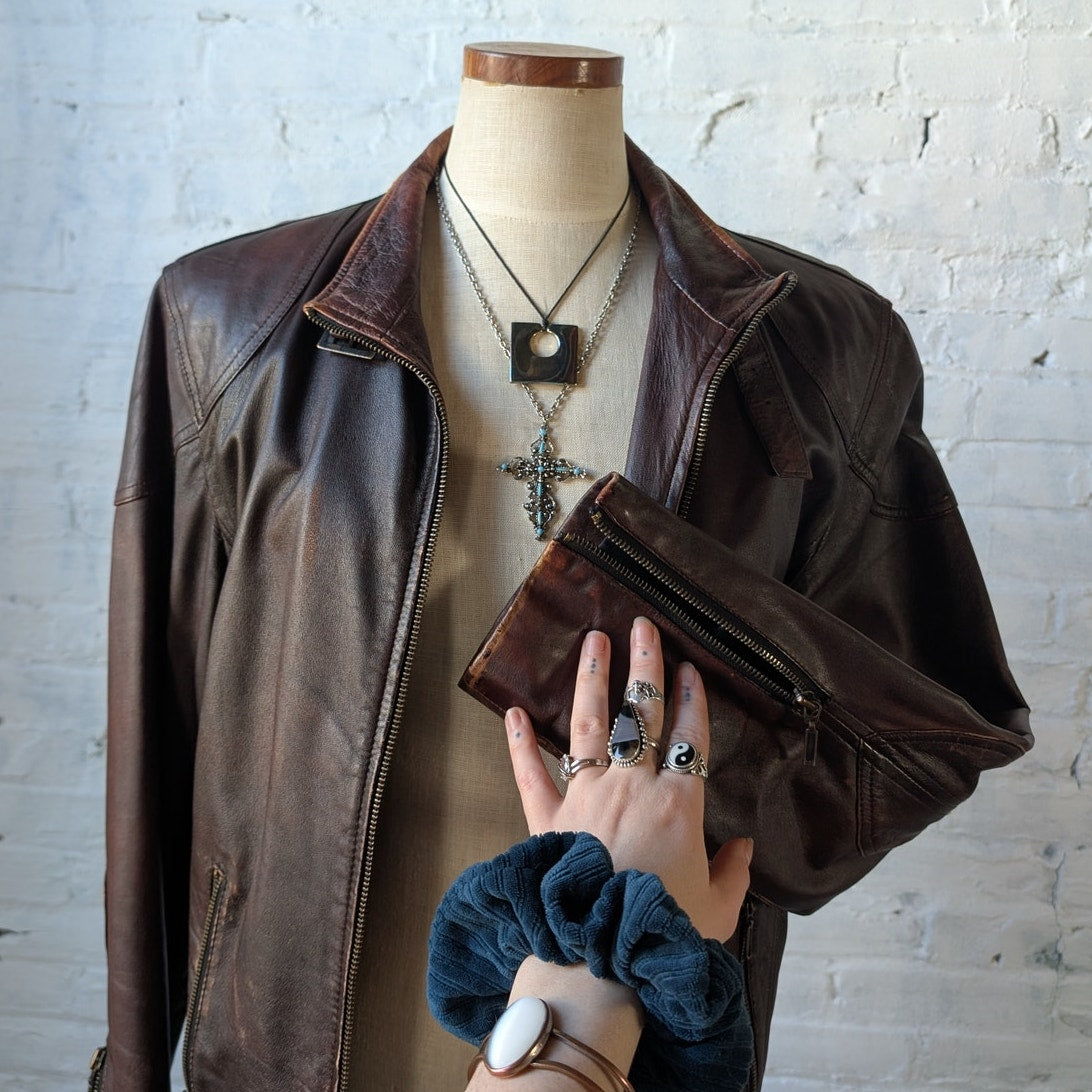 Vintage Brown Leather Moto Jacket Genuine Italian Chic Baddie Biker Bomber Coat
