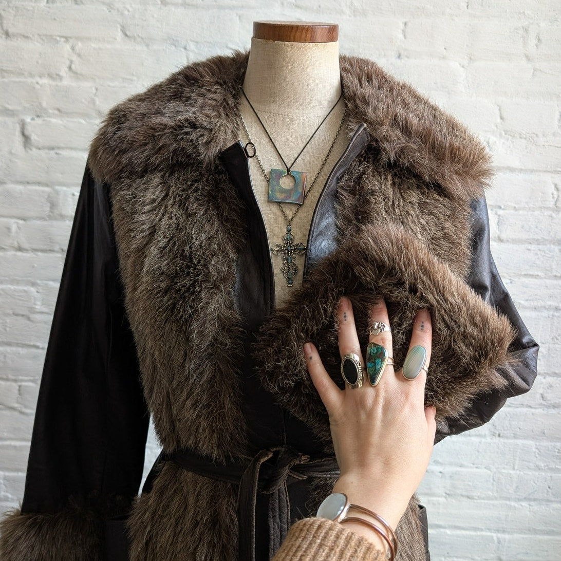 70s Vintage Black Brown Leather Penny Lane Coat Faux Fur Groovy Boho Moto Jacket