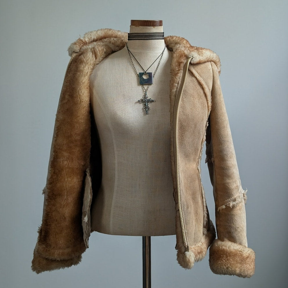 Vintage Tan Suede Shearling Coat Brown Wool Jacket Boho Chic Fur Coat Hood XS