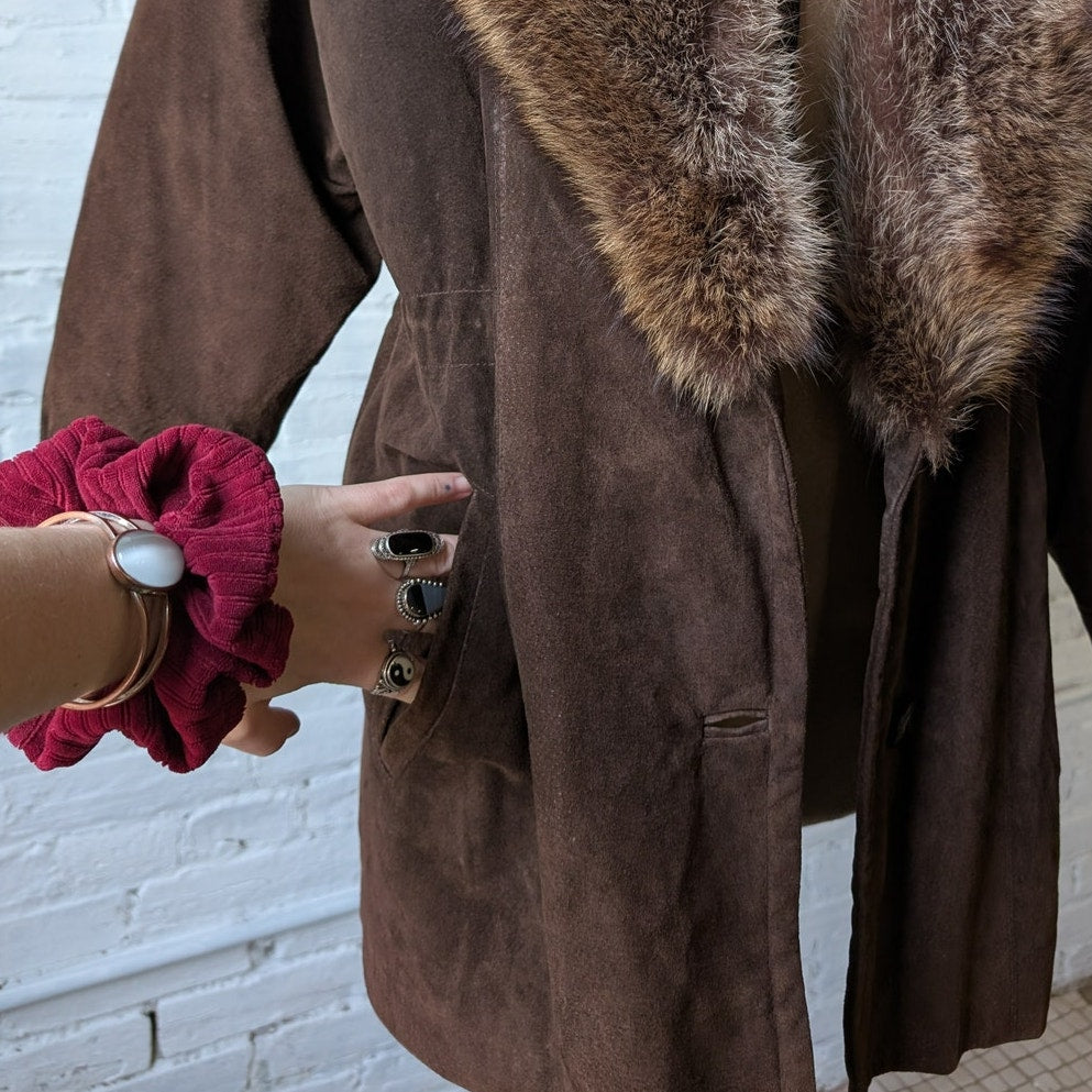 Vintage Brown Suede Coat Fur Trim Genuine Leather Minimalist Mini Trench Jacket