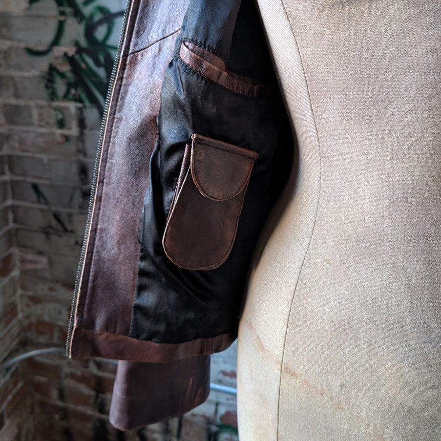 Vintage Brown Leather Moto Jacket Genuine Italian Chic Baddie Biker Bomber Coat