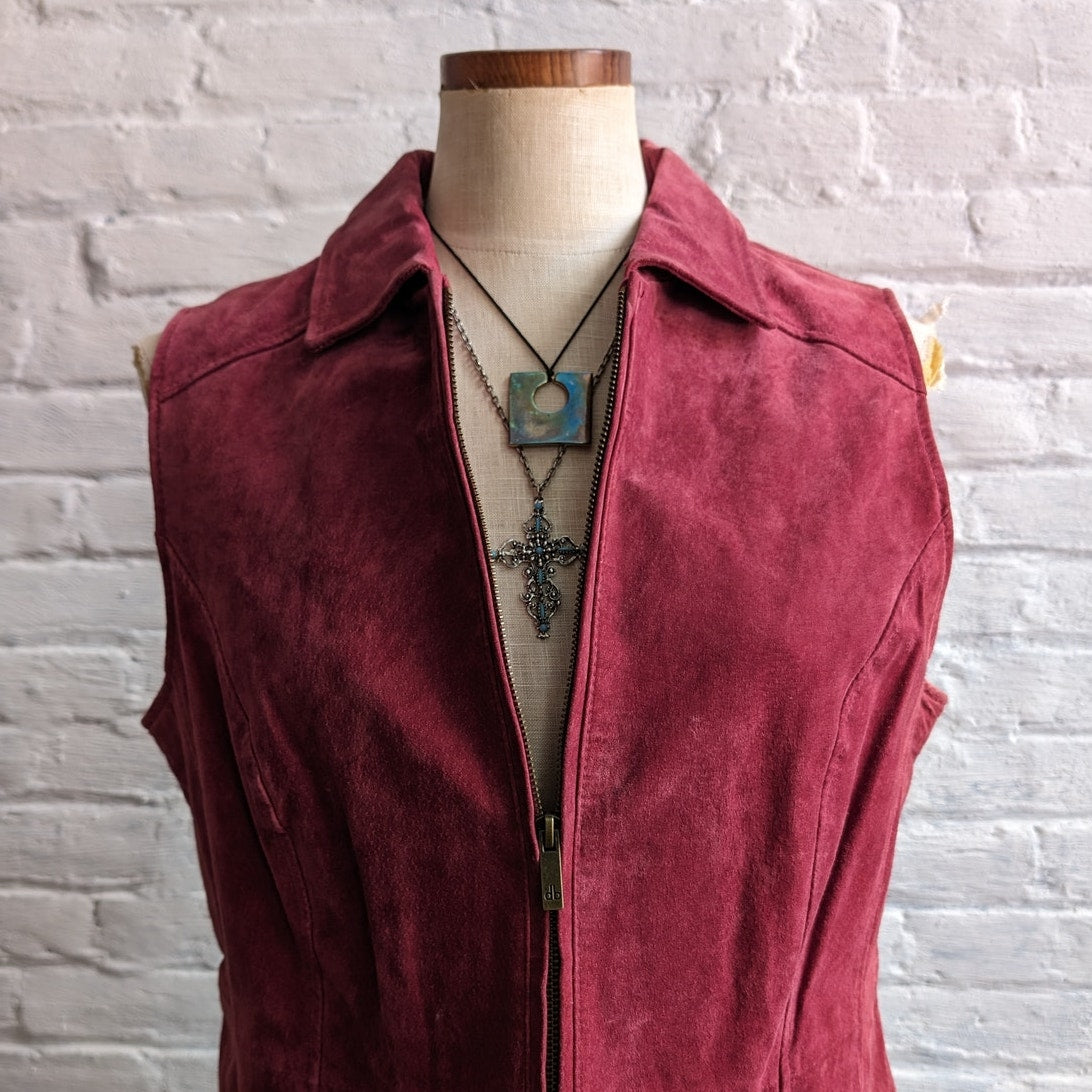 Y2K Red Leather Vest Suede Biker Minimalist Red Vintage Vest Spring Top Medium