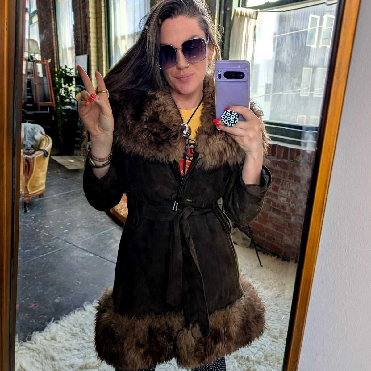 Vintage Brown Suede Fur Trim Penny Lane Jacket Genuine Leather Trench Coat Small