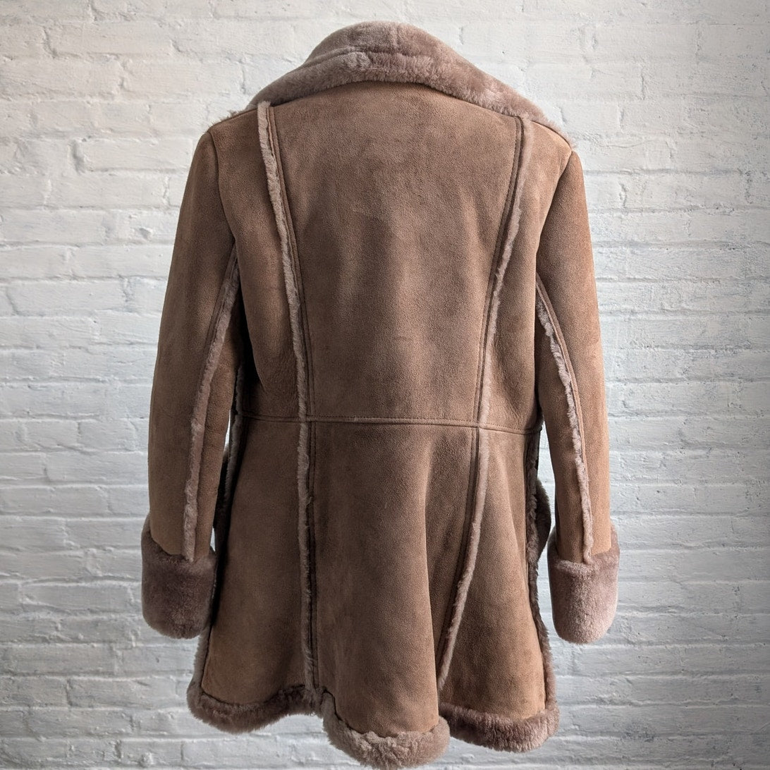 Vintage Brown Suede Leather Penny Lane Coat Shearling Minimalist Cozy Fur Jacket