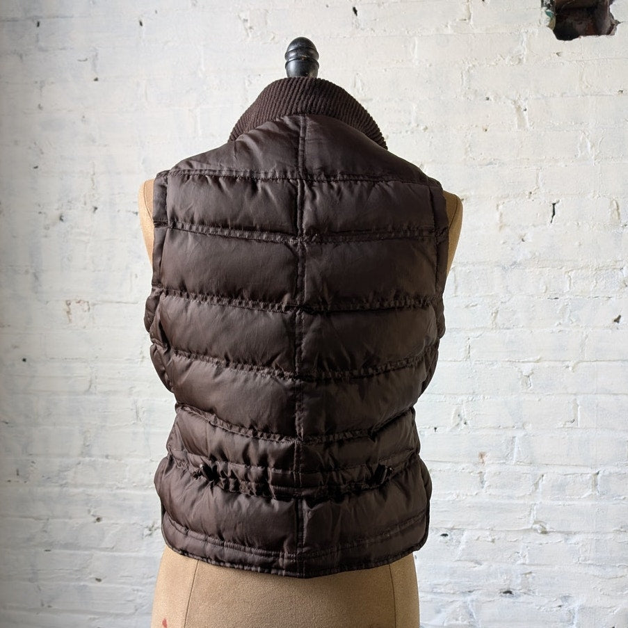 Y2K Dark Chocolate Brown Puffer Vest Quilted Cropped Thermal Zip Up Jacket Top