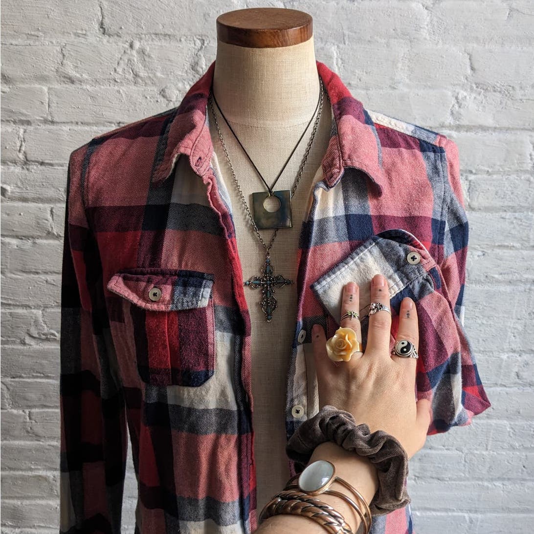 Retro 90s Faded Red Plaid Flannel Grunge Fairy Minimalist Preppy Boyfriend Top