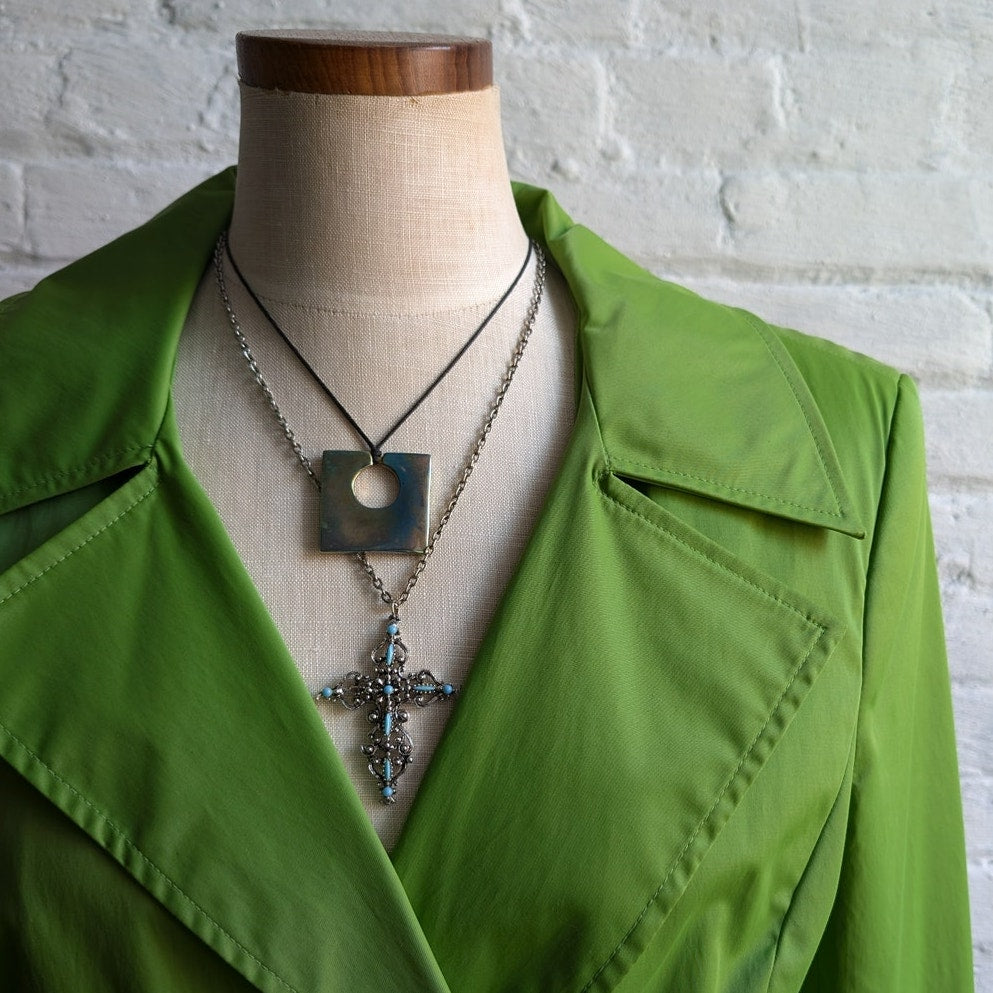 Y2K Lime Green Trench Coat Earthy Minimalist Preppy Belted Rain Jacket Medium