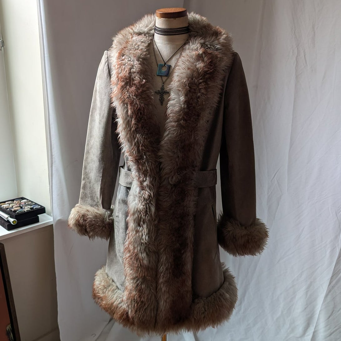 Vintage Suede Penny Lane Fur Trim Jacket M Tan Shearling 70s Leather Trench Coat