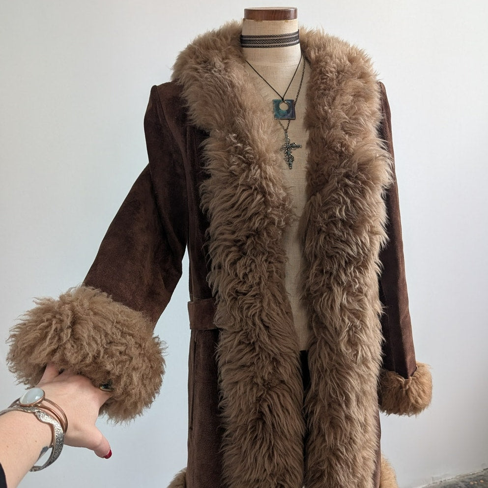 Vintage Brown Suede Penny Lane Jacket Groovy Fur Trim Leather Trench Coat Medium