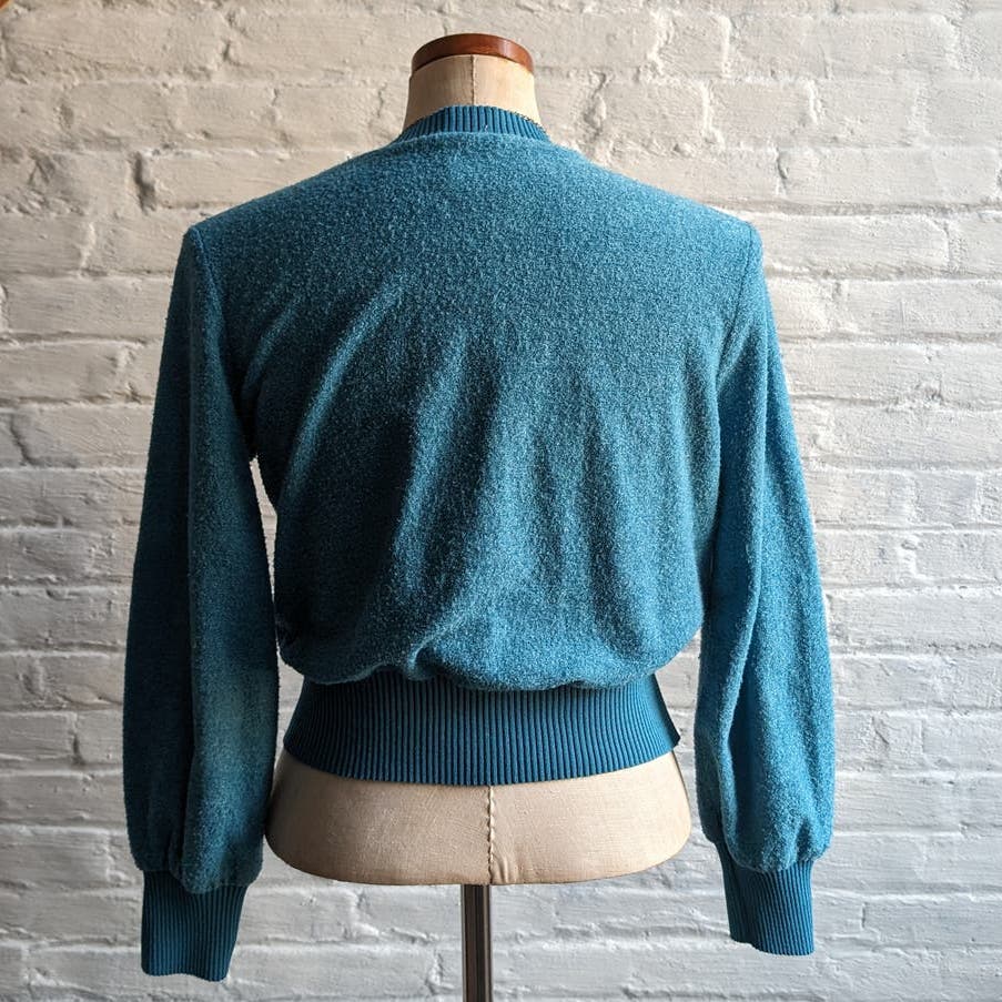 70s Vintage Blue Knit Towel Sweater Minimalist Groovy Terry Cloth Preppy Top