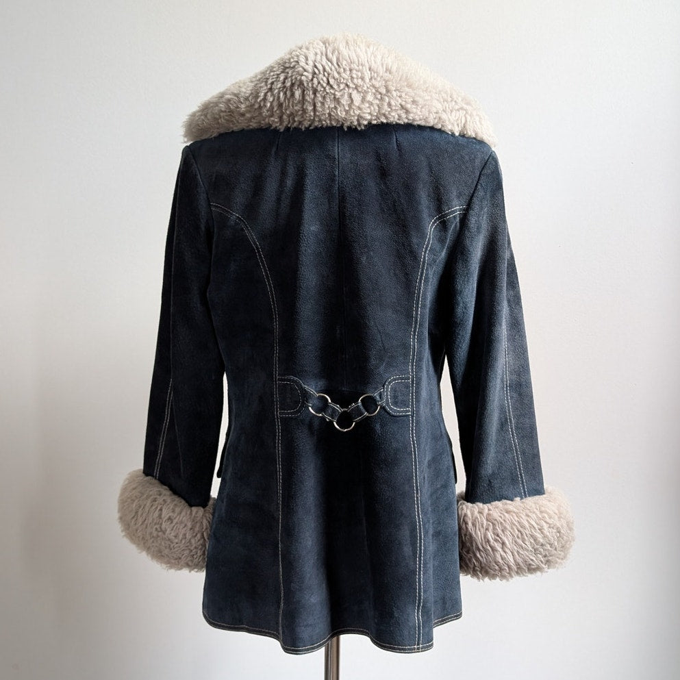 70s Vintage Blue Suede Penny Lane Fur Coat Leather Jacket Trench Boho Medium