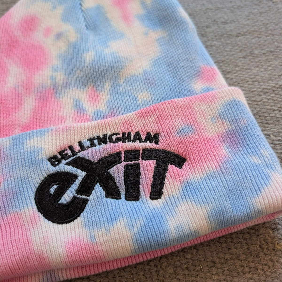 Tie Dye Beanie Blue Pink Cotton Knit Festival Hat Embroidered Exit Bellingham