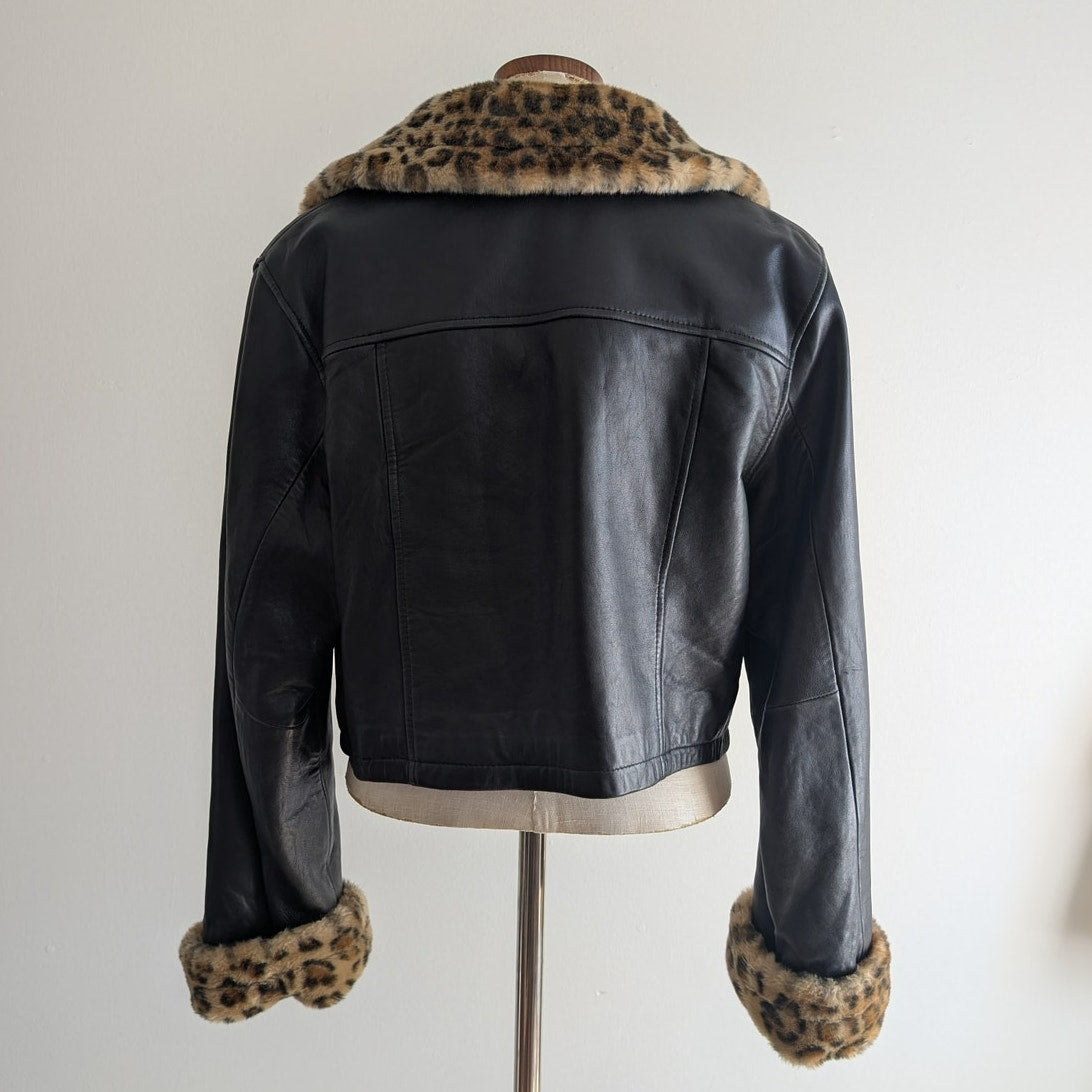 Y2K Vintage Black Leather Biker Jacket Faux Fur Coat Crop Cheetah Print Medium