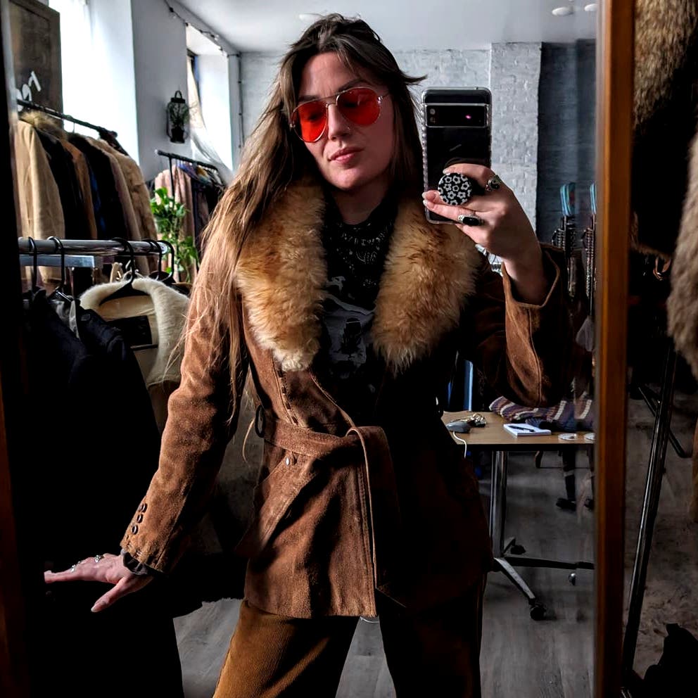 70s Penny Lane Groovy Suede Fur Jacket Furry Genuine Leather Mod Trench Coat