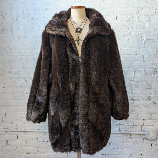 Vintage Dark Brown Faux Fur Coat Shaggy Mob Wife Grunge Minimalist Glam Jacket