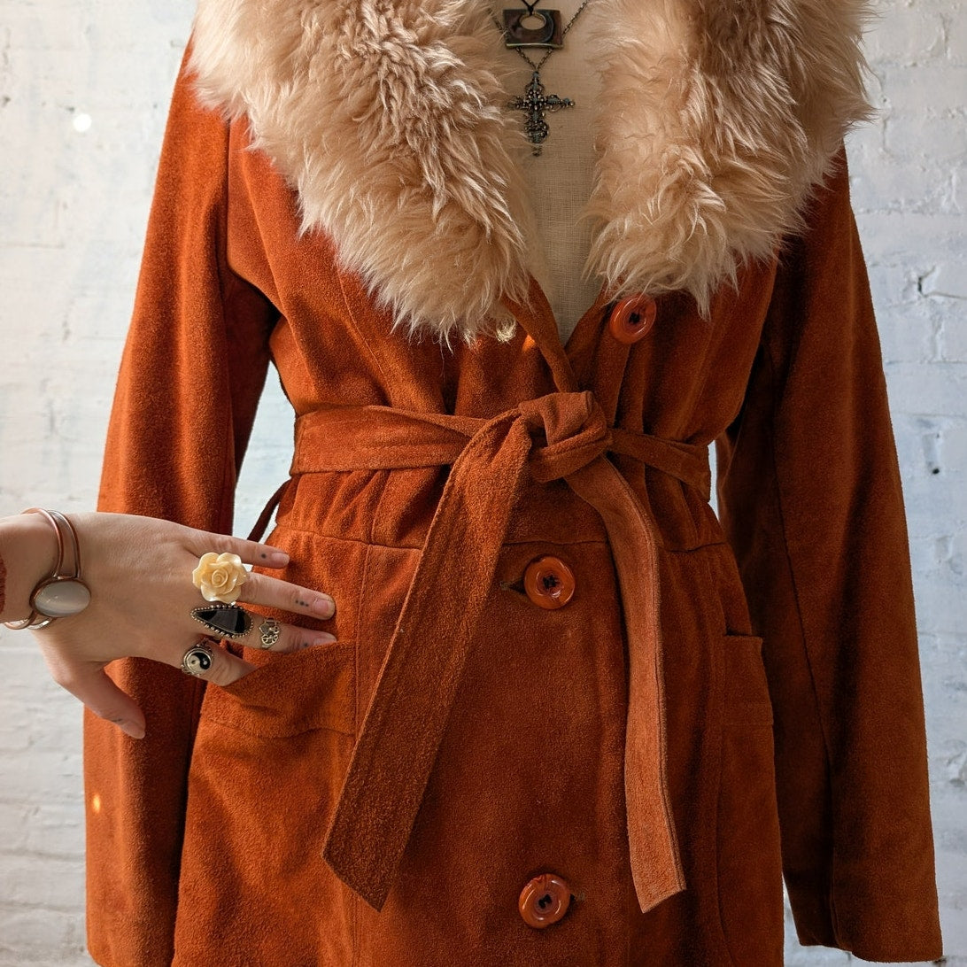 Vintage Orange Suede Penny Lane Jacket Leather Trench Coat Faux Fur Coat Large