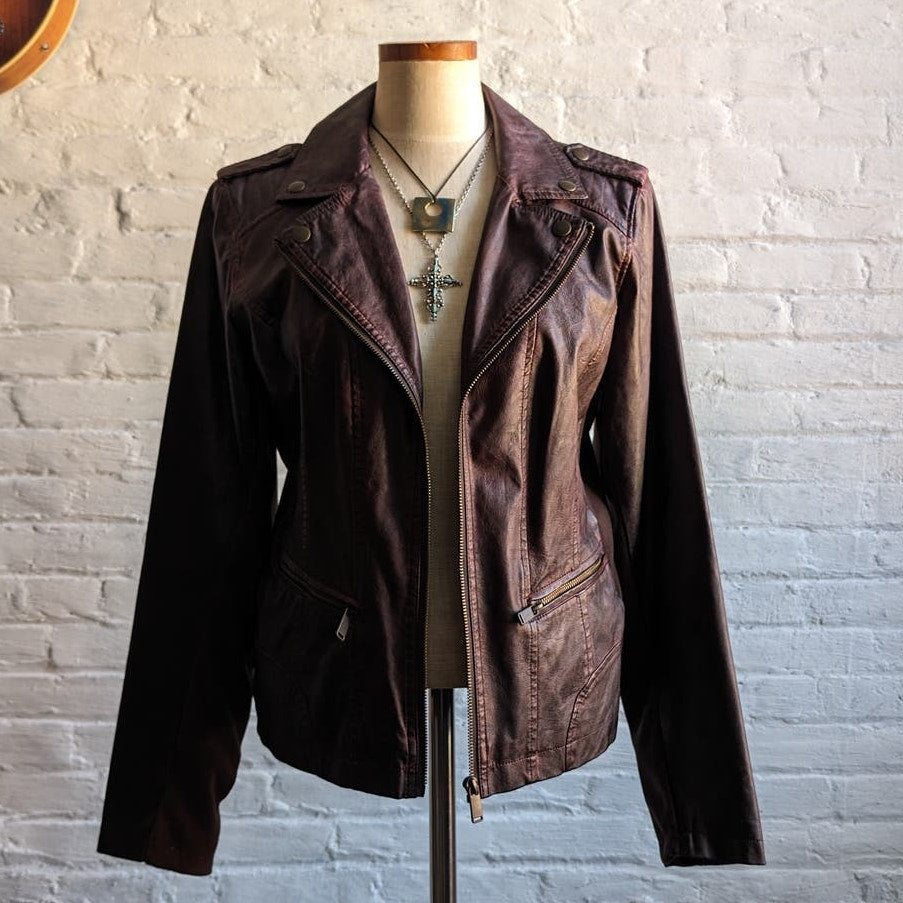 Y2K Vegan Faux Leather Moto Jacket Knit Distressed Boho Grunge Maroon Brown Coat