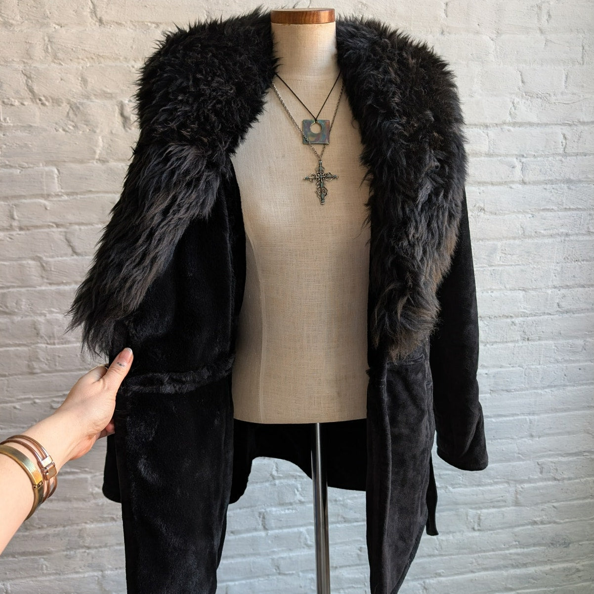 Vintage Black Suede Penny Lane Coat Fur Mini Trench Minimalist Goth Furry Jacket