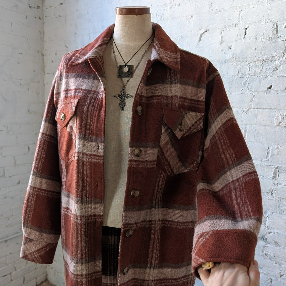 Red Plaid Flannel Jacket Gorpcore Utility Shacket Grunge Boho Chic Earthy Small