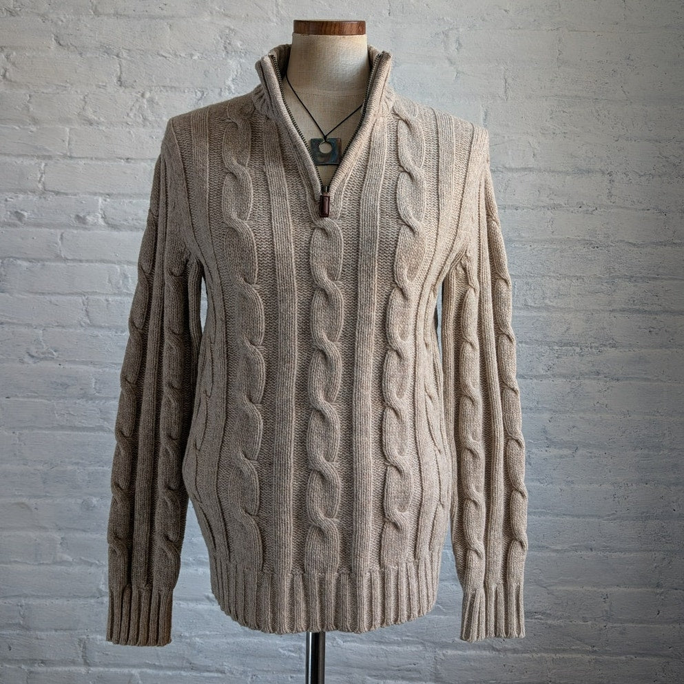 Y2K Neutral Oatmeal Lambswool Cable Knit Sweater Chunky Fisherman Minimalist Top