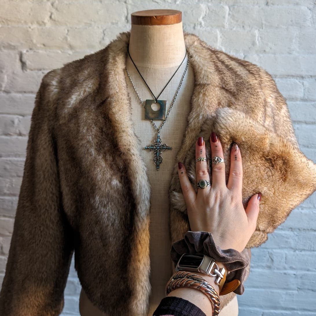 Anthro Faux Fur Cropped Penny Lane Jacket Minimalist Boho Mob Wife Sweater Coat