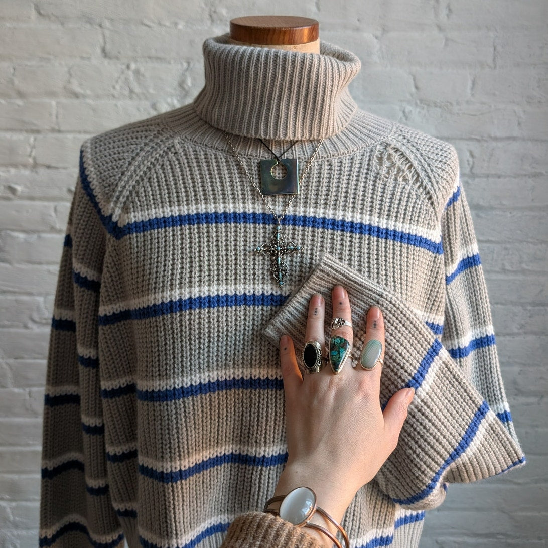 Y2K Oversize Gray Striped Knit Grandpa Sweater Boho Chic Preppy Chunky Fuzzy Top