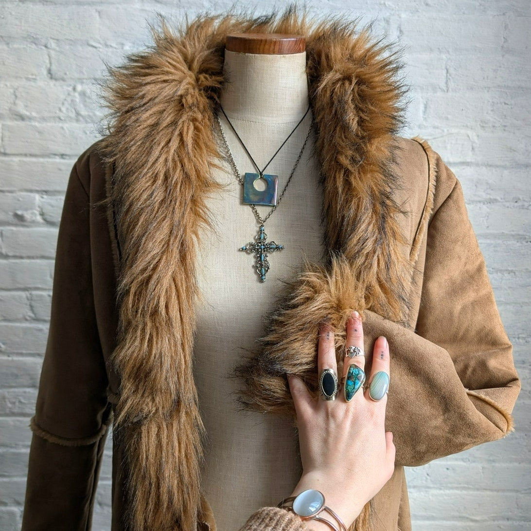 Y2K Vintage Brown Suede Penny Lane Jacket Faux Fur Fuzz Leather Boho Trench Coat