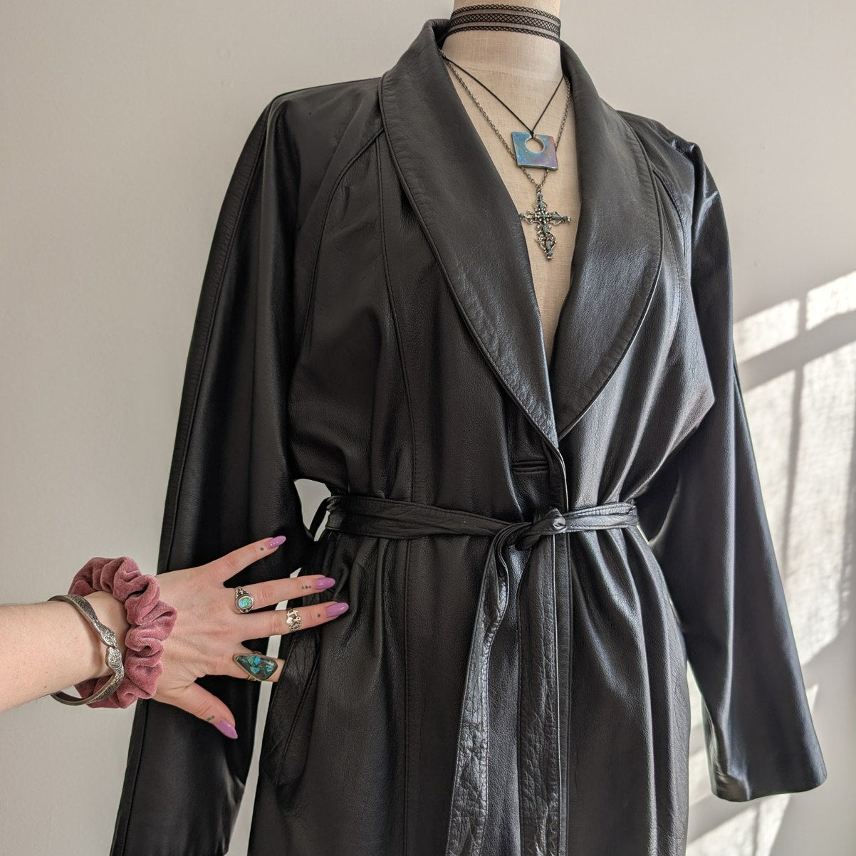 Vintage Black Leather Jacket Leather Trench Coat Minimalist Goth Duster Large XL