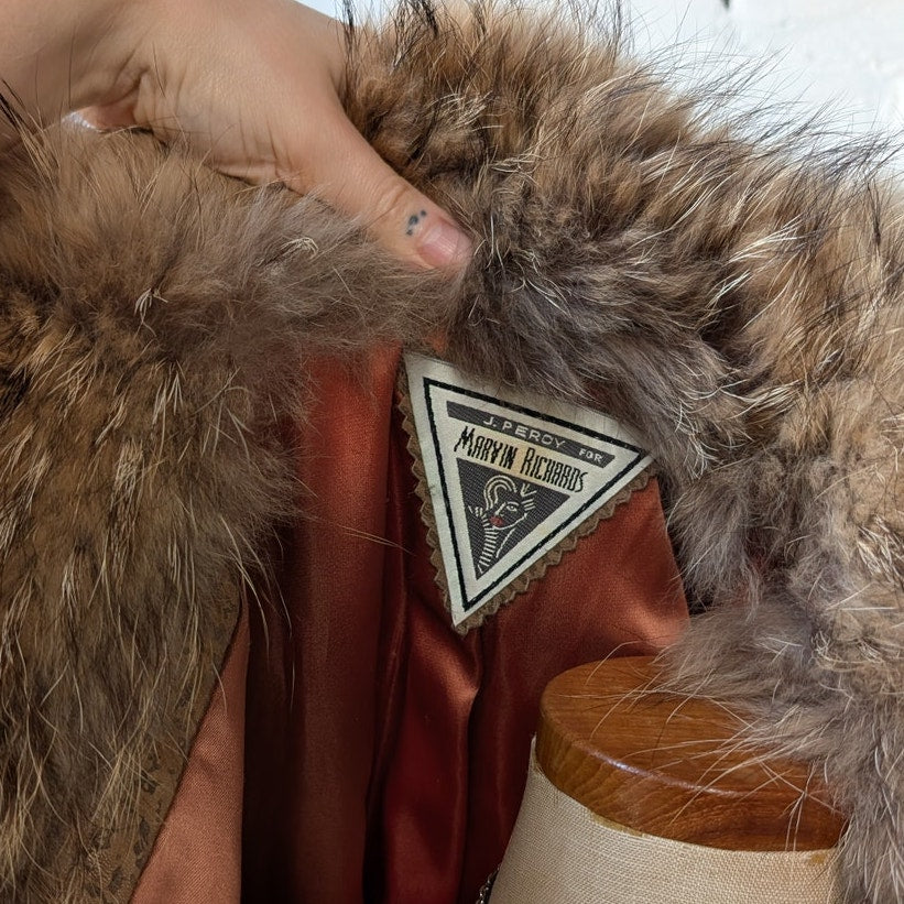 Vintage Tan Genuine Suede Raccoon Fur Trim Coat Leather Mini Trench Jacket