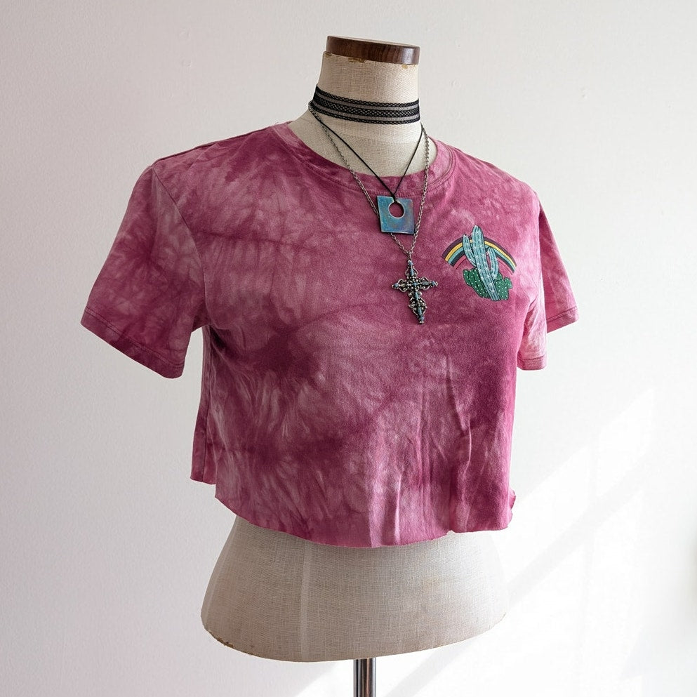 Y2K Pink Tie Dye Graphic Tee Crop Top S Concert Festival Cactus Boho Chic Top