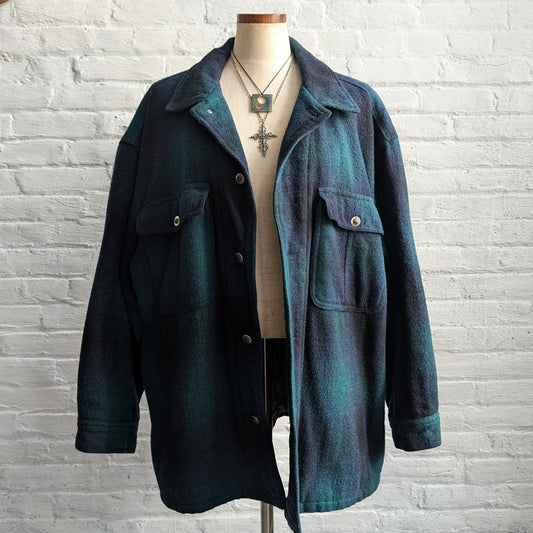 90s Vintage Green Plaid Wool Coat Utility Chore Jacket Oversize Flannel Large