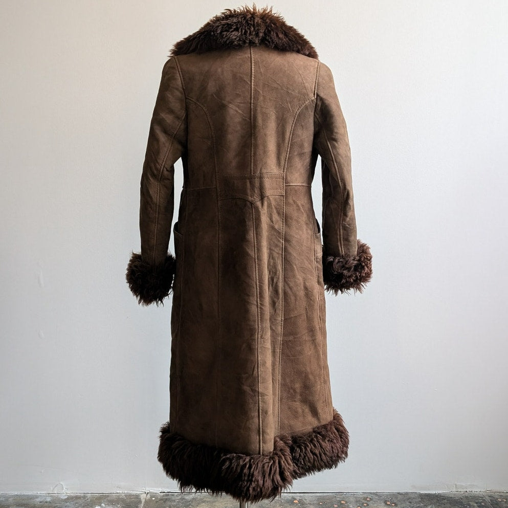 Vintage Brown Suede Penny Lane Jacket Fur Furry Leather Groovy Trench Coat Small