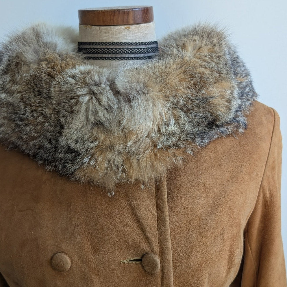 Vintage Brown Suede Fur Trim Penny Lane Jacket Furry Leather Trench Coat Medium
